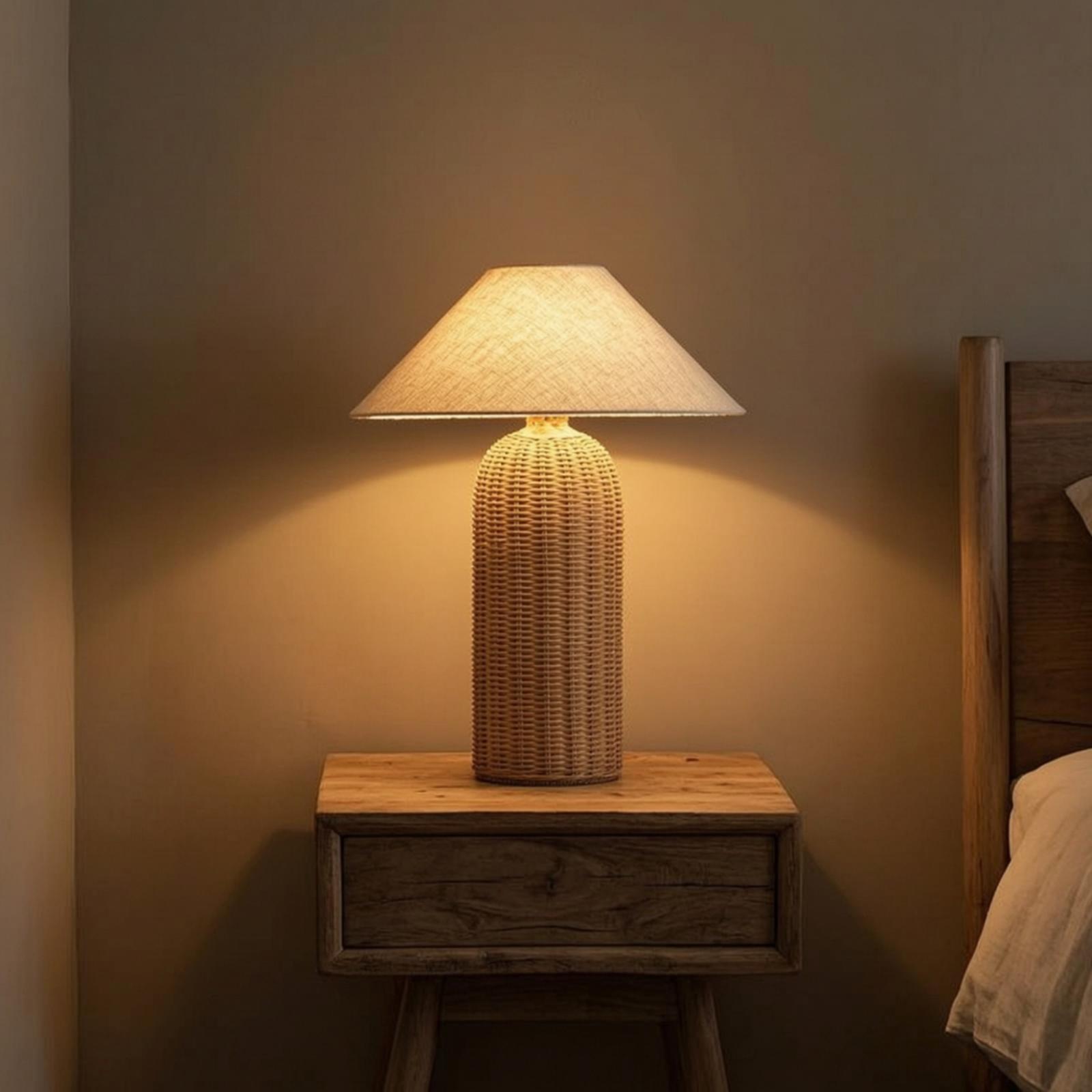 Lighting Decor Bedroom - Nachttischlampe mit Rattanfuß und Stoffschirm, Dekorative
